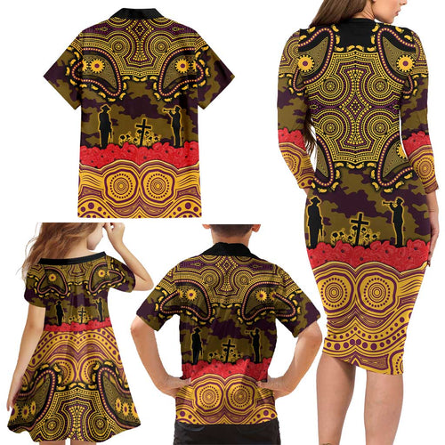ANZAC Day Brisbane Broncos Family Matching Long Sleeve Bodycon Dress and Hawaiian Shirt Military Memorial Aboriginal Indigenous Art