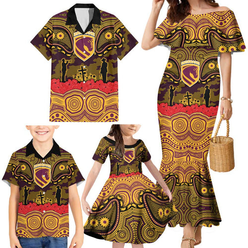 ANZAC Day Brisbane Broncos Family Matching Mermaid Dress and Hawaiian Shirt Military Memorial Aboriginal Indigenous Art