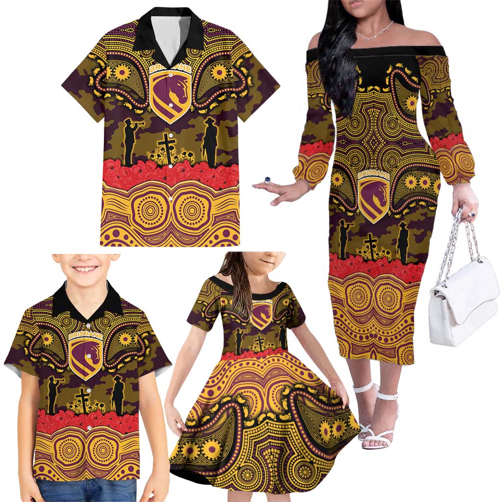 ANZAC Day Brisbane Broncos Family Matching Off The Shoulder Long Sleeve Dress and Hawaiian Shirt Military Memorial Aboriginal Indigenous Art