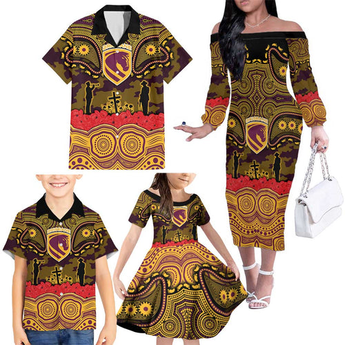 ANZAC Day Brisbane Broncos Family Matching Off The Shoulder Long Sleeve Dress and Hawaiian Shirt Military Memorial Aboriginal Indigenous Art