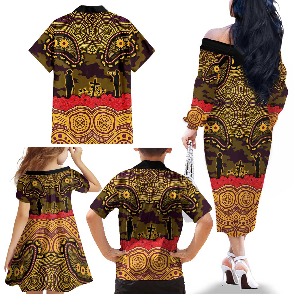 ANZAC Day Brisbane Broncos Family Matching Off The Shoulder Long Sleeve Dress and Hawaiian Shirt Military Memorial Aboriginal Indigenous Art