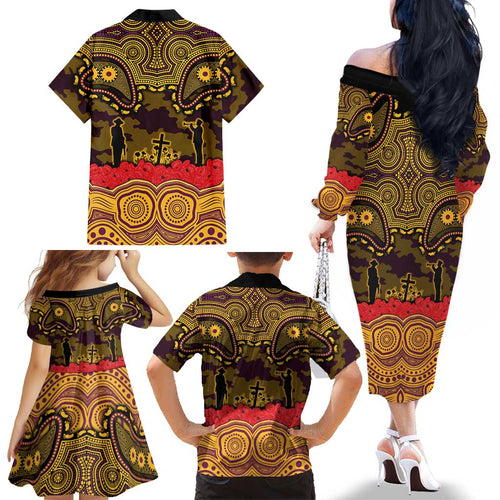 ANZAC Day Brisbane Broncos Family Matching Off The Shoulder Long Sleeve Dress and Hawaiian Shirt Military Memorial Aboriginal Indigenous Art