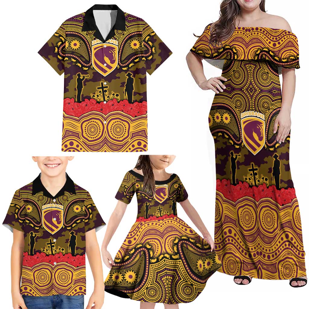 ANZAC Day Brisbane Broncos Family Matching Off Shoulder Maxi Dress and Hawaiian Shirt Military Memorial Aboriginal Indigenous Art