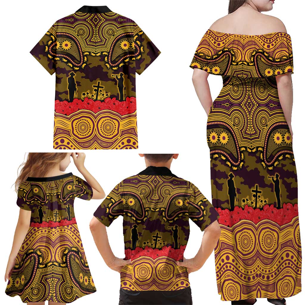 ANZAC Day Brisbane Broncos Family Matching Off Shoulder Maxi Dress and Hawaiian Shirt Military Memorial Aboriginal Indigenous Art