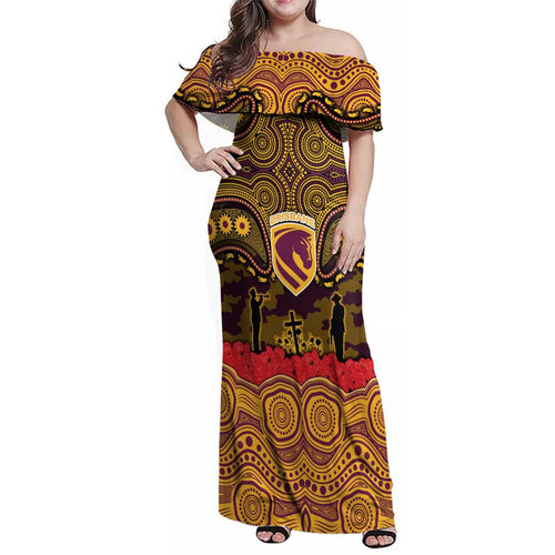 ANZAC Day Brisbane Broncos Family Matching Off Shoulder Maxi Dress and Hawaiian Shirt Military Memorial Aboriginal Indigenous Art