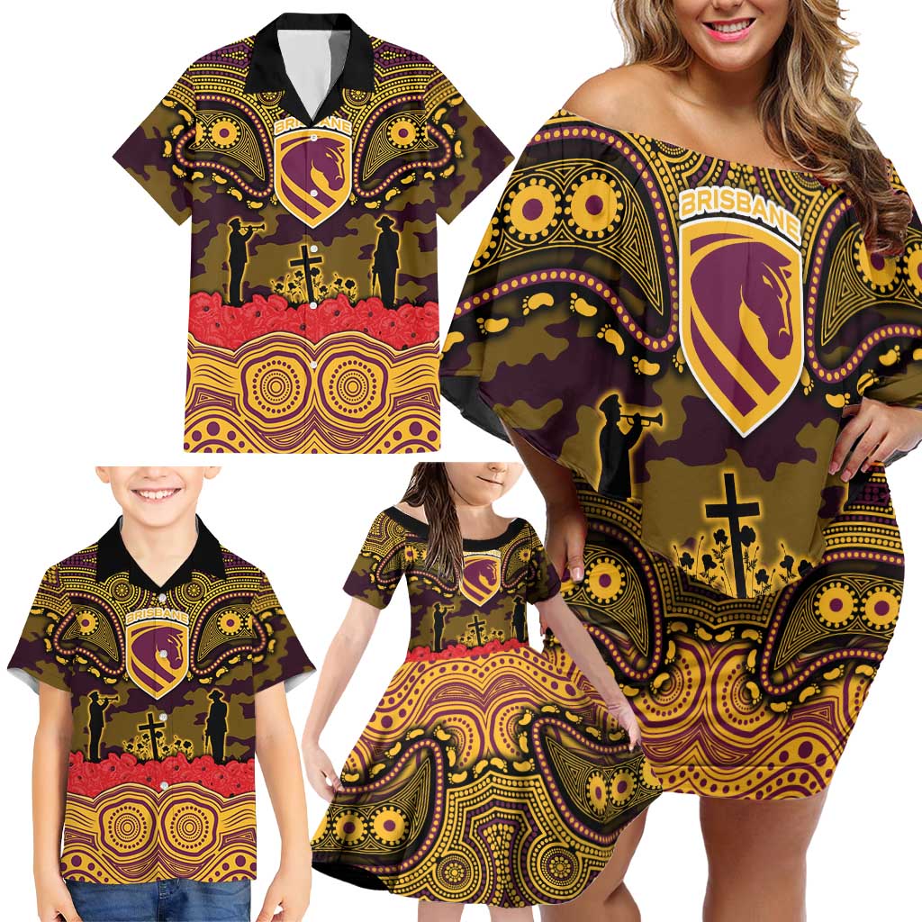 ANZAC Day Brisbane Broncos Family Matching Off Shoulder Short Dress and Hawaiian Shirt Military Memorial Aboriginal Indigenous Art