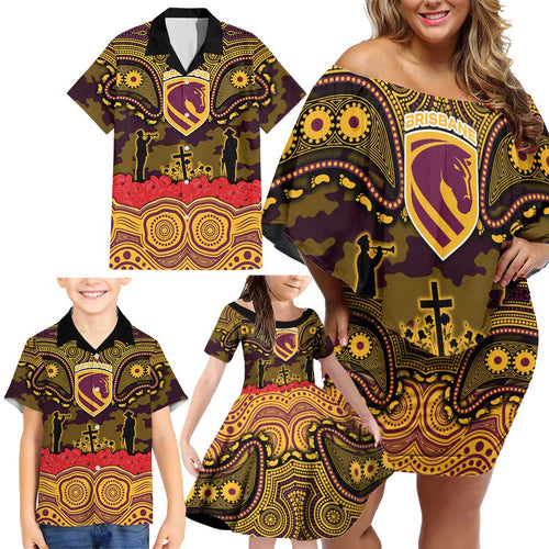 ANZAC Day Brisbane Broncos Family Matching Off Shoulder Short Dress and Hawaiian Shirt Military Memorial Aboriginal Indigenous Art