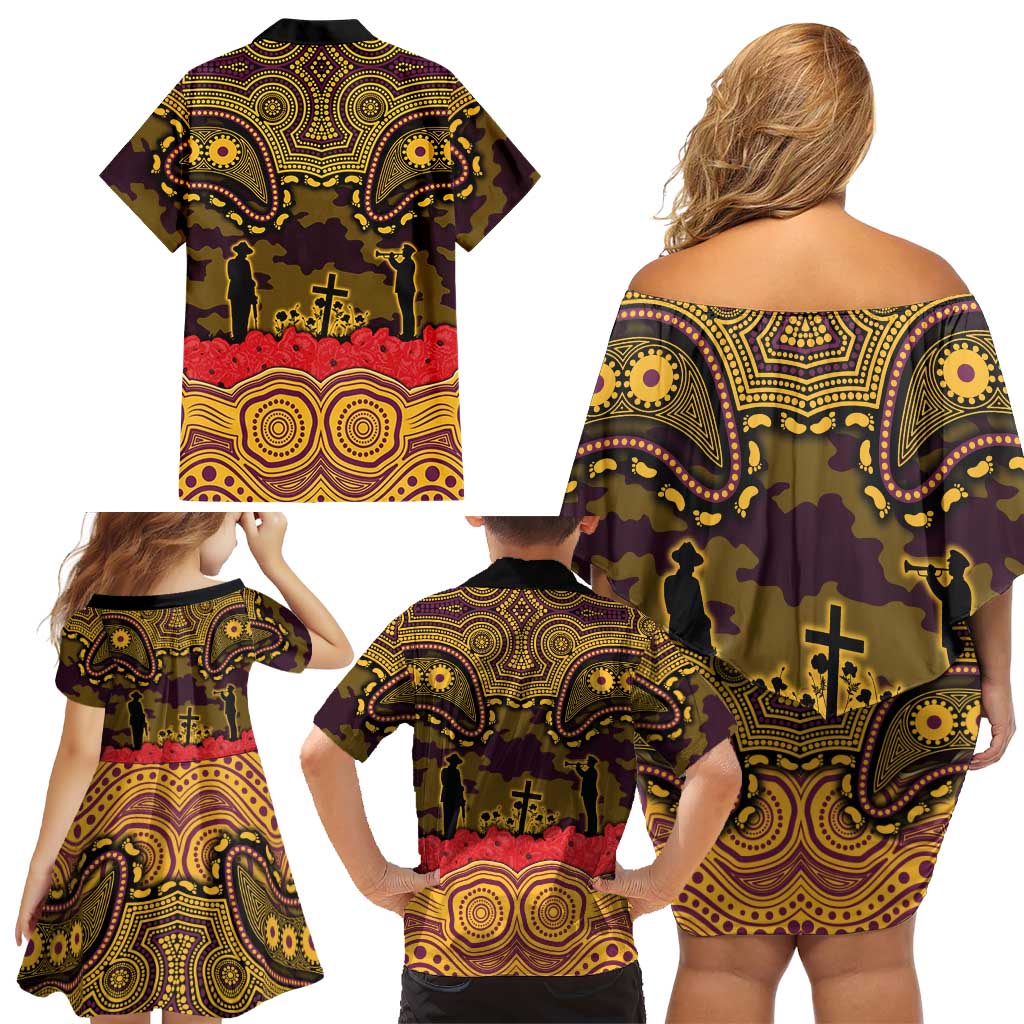 ANZAC Day Brisbane Broncos Family Matching Off Shoulder Short Dress and Hawaiian Shirt Military Memorial Aboriginal Indigenous Art
