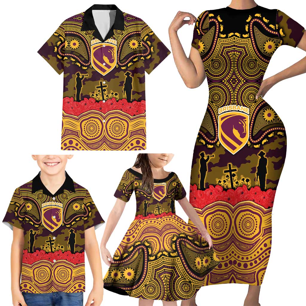 ANZAC Day Brisbane Broncos Family Matching Short Sleeve Bodycon Dress and Hawaiian Shirt Military Memorial Aboriginal Indigenous Art