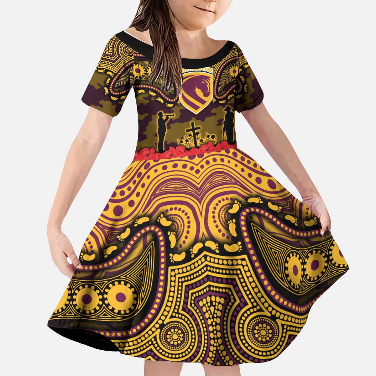 ANZAC Day Brisbane Broncos Kid Short Sleeve Dress Military Memorial Aboriginal Indigenous Art