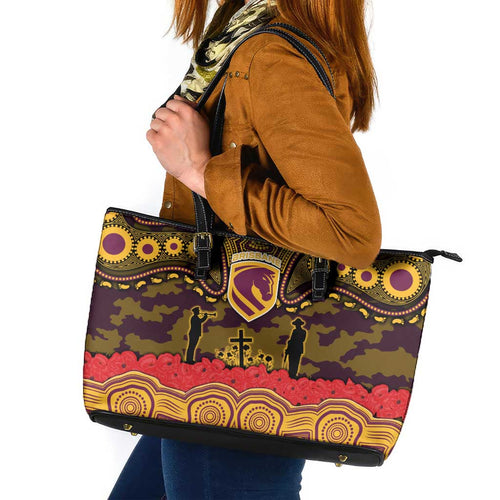 ANZAC Day Brisbane Broncos Leather Tote Bag Military Memorial Aboriginal Indigenous Art