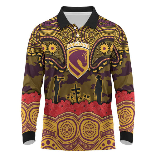 ANZAC Day Brisbane Broncos Long Sleeve Polo Shirt Military Memorial Aboriginal Indigenous Art