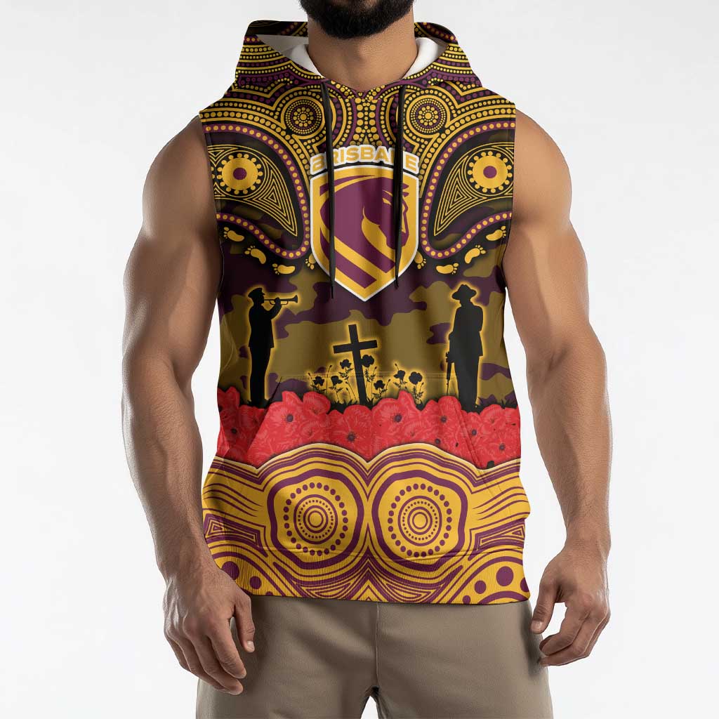 ANZAC Day Brisbane Broncos Sleeveless Hoodie Military Memorial Aboriginal Indigenous Art