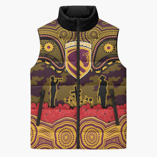 ANZAC Day Brisbane Broncos Sleeveless Puffer Jacket Military Memorial Aboriginal Indigenous Art