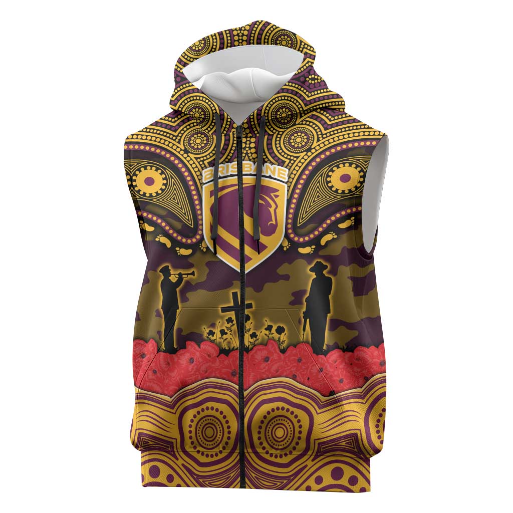 ANZAC Day Brisbane Broncos Sleeveless Zip Hoodie Military Memorial Aboriginal Indigenous Art