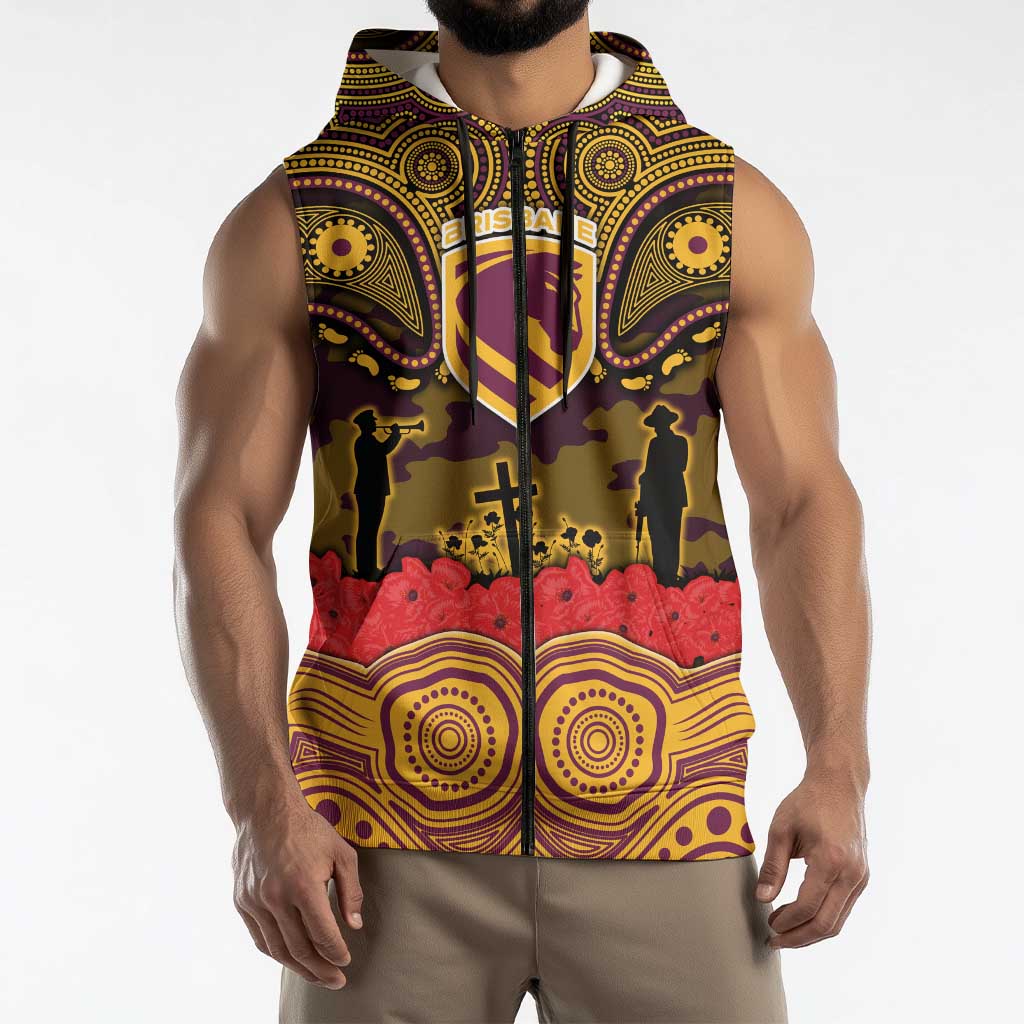ANZAC Day Brisbane Broncos Sleeveless Zip Hoodie Military Memorial Aboriginal Indigenous Art