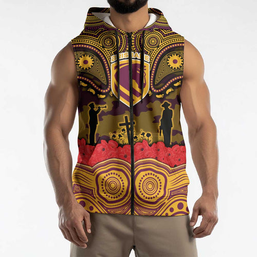 ANZAC Day Brisbane Broncos Sleeveless Zip Hoodie Military Memorial Aboriginal Indigenous Art