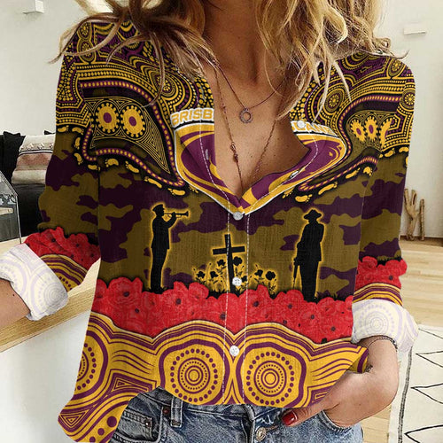 ANZAC Day Brisbane Broncos Women Casual Shirt Military Memorial Aboriginal Indigenous Art