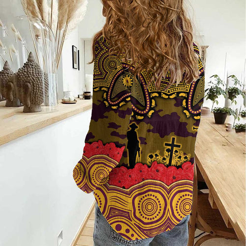 ANZAC Day Brisbane Broncos Women Casual Shirt Military Memorial Aboriginal Indigenous Art