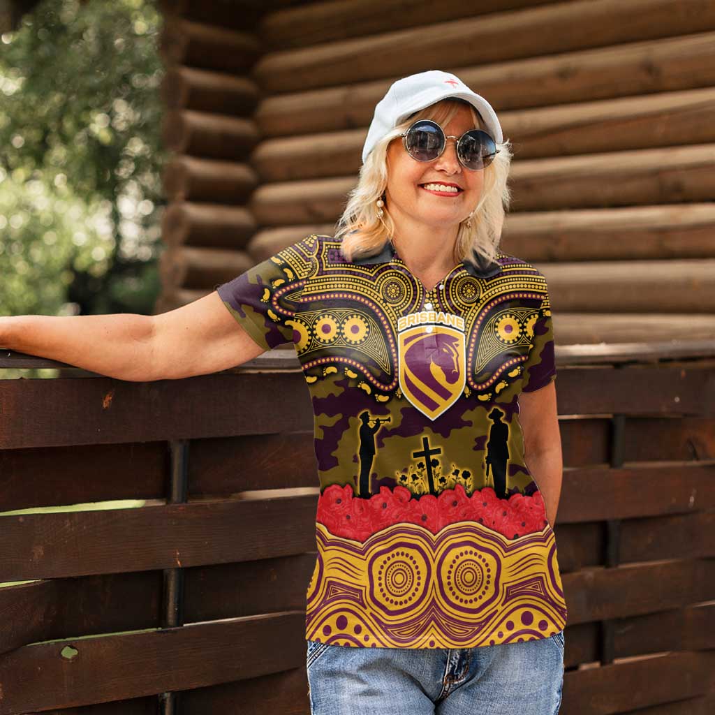 ANZAC Day Brisbane Broncos Women Polo Shirt Military Memorial Aboriginal Indigenous Art