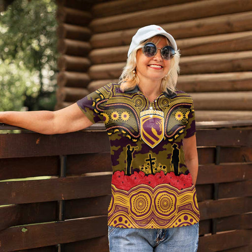ANZAC Day Brisbane Broncos Women Polo Shirt Military Memorial Aboriginal Indigenous Art