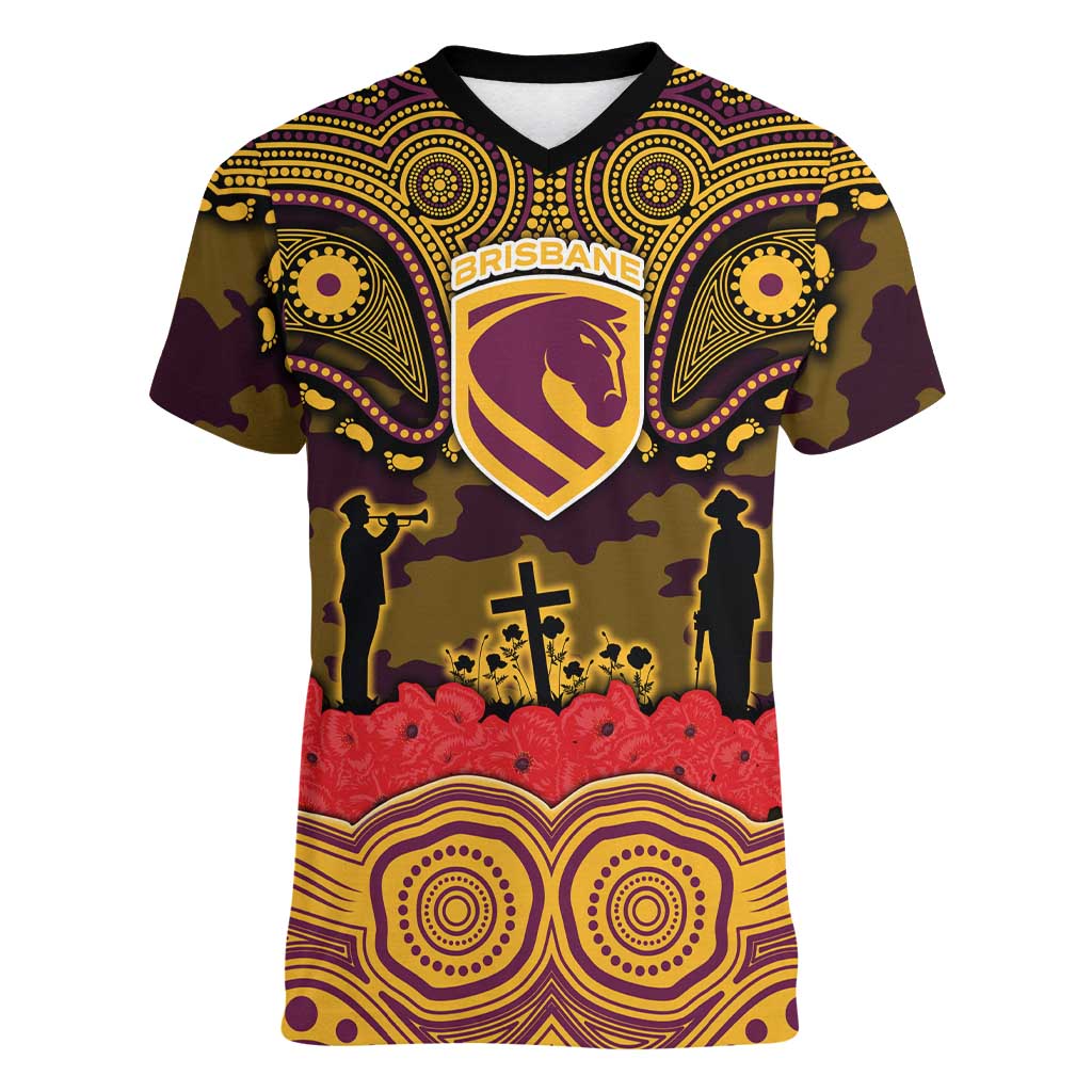 ANZAC Day Brisbane Broncos Women V-Neck T-Shirt Military Memorial Aboriginal Indigenous Art