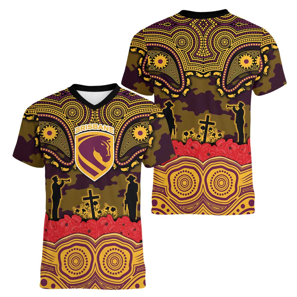 ANZAC Day Brisbane Broncos Women V-Neck T-Shirt Military Memorial Aboriginal Indigenous Art