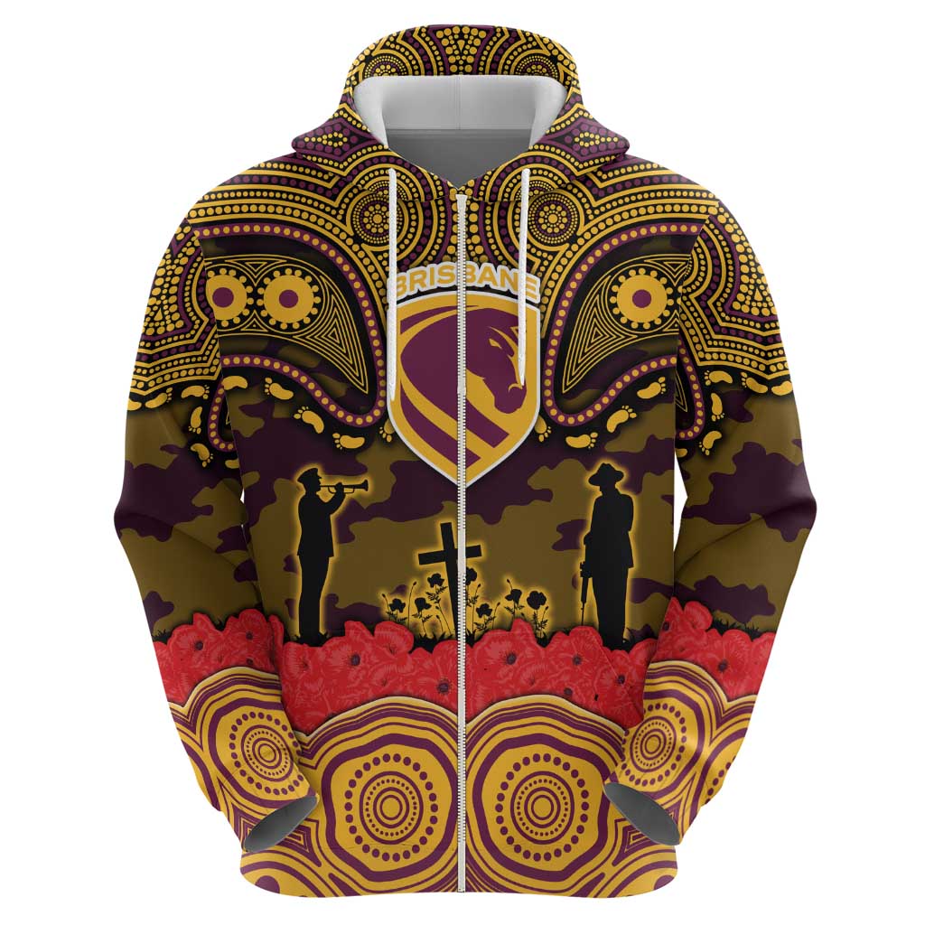 ANZAC Day Brisbane Broncos Zip Hoodie Military Memorial Aboriginal Indigenous Art