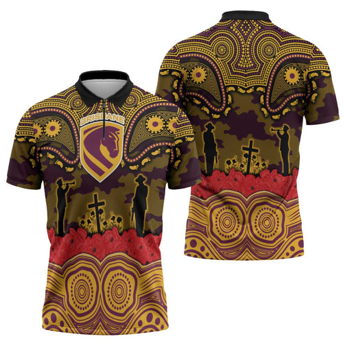 ANZAC Day Brisbane Broncos Zipper Polo Shirt Military Memorial Aboriginal Indigenous Art