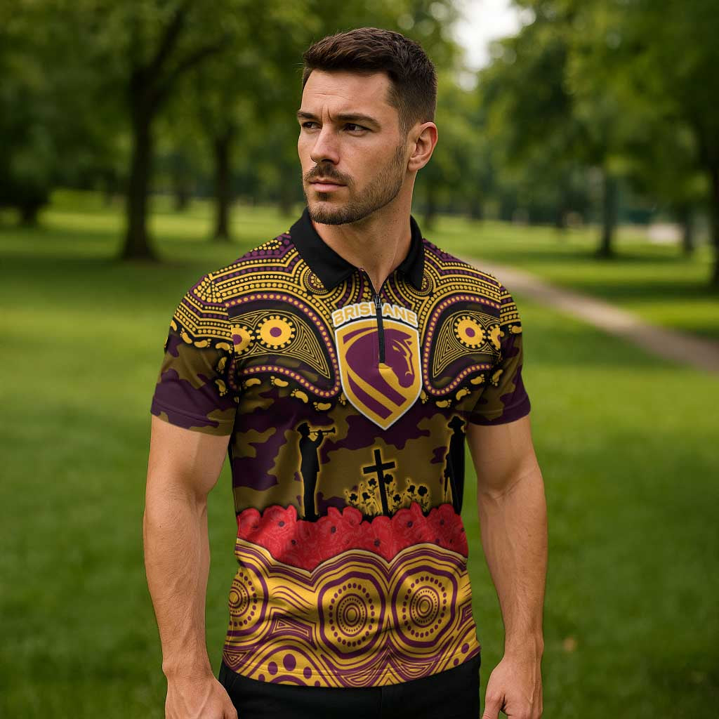 ANZAC Day Brisbane Broncos Zipper Polo Shirt Military Memorial Aboriginal Indigenous Art