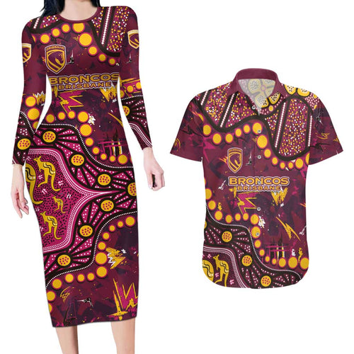 Brisbane Broncos Couples Matching Long Sleeve Bodycon Dress and Hawaiian Shirt Aboriginal Pattern with Graffiti Style Design