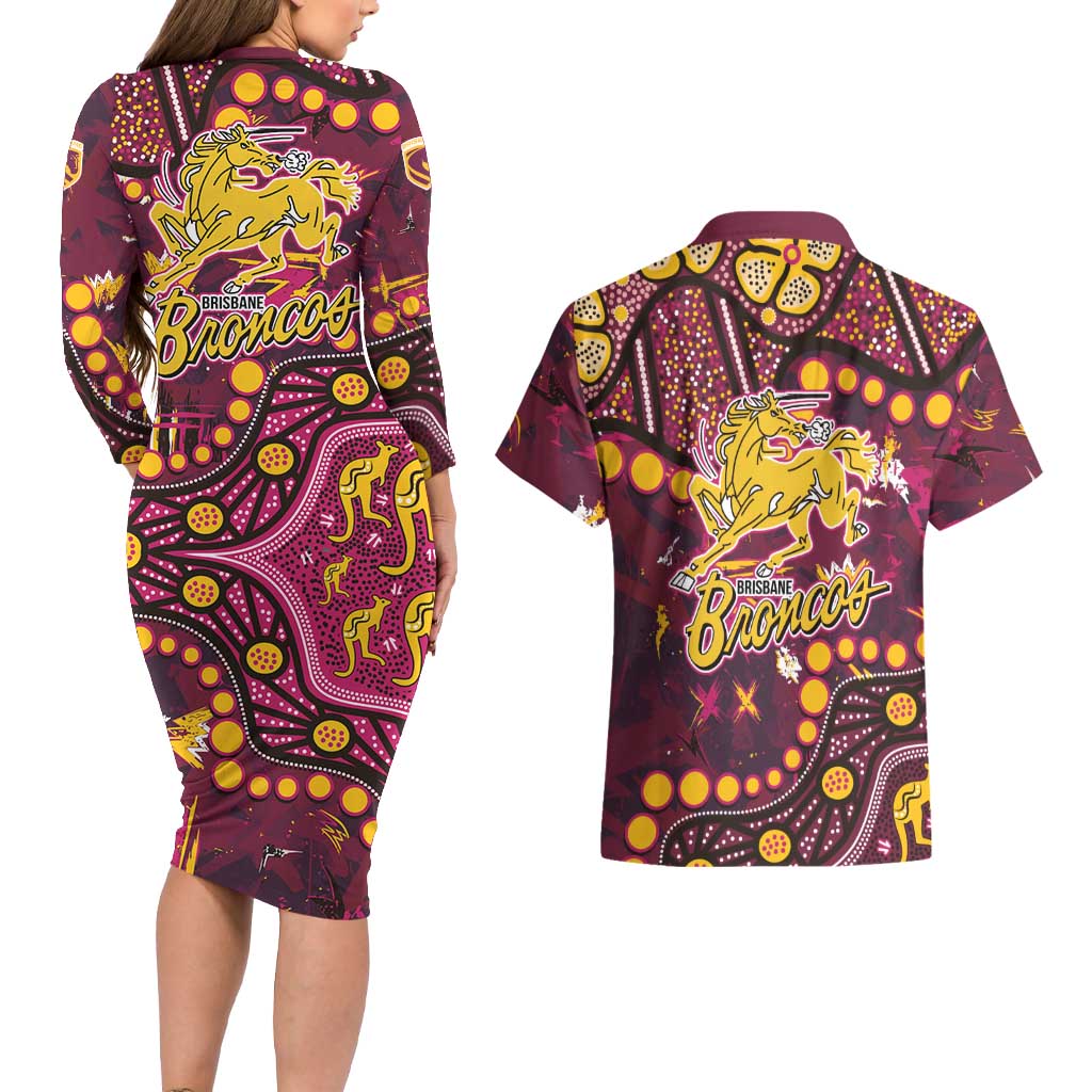 Brisbane Broncos Couples Matching Long Sleeve Bodycon Dress and Hawaiian Shirt Aboriginal Pattern with Graffiti Style Design