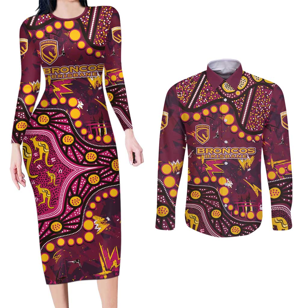 Brisbane Broncos Couples Matching Long Sleeve Bodycon Dress and Long Sleeve Button Shirt Aboriginal Pattern with Graffiti Style Design