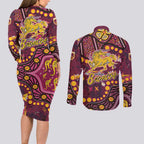 Brisbane Broncos Couples Matching Long Sleeve Bodycon Dress and Long Sleeve Button Shirt Aboriginal Pattern with Graffiti Style Design