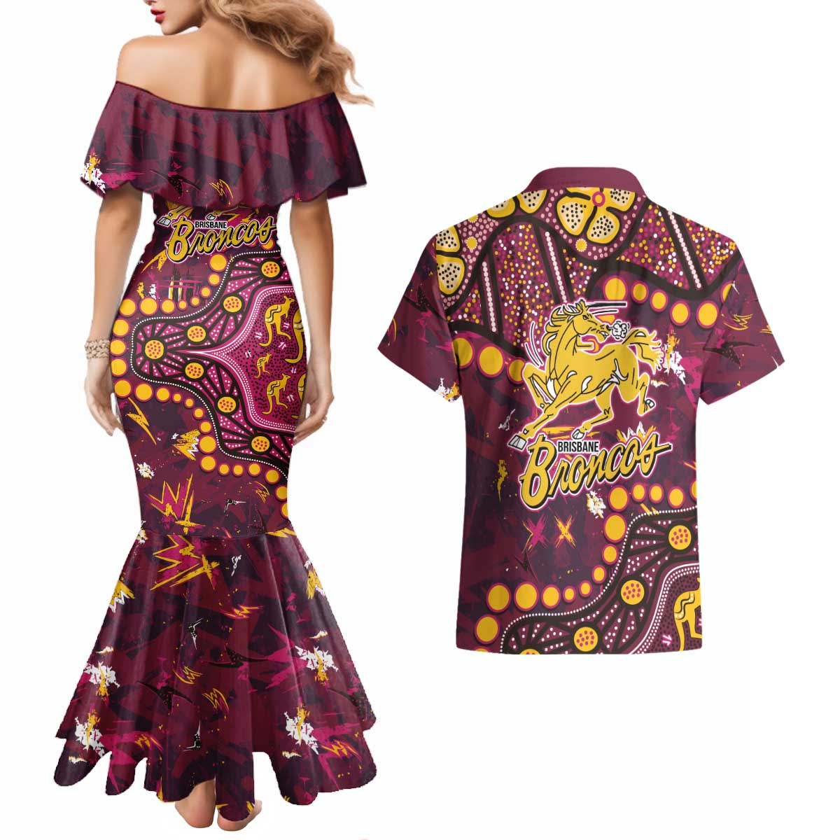 Brisbane Broncos Couples Matching Mermaid Dress and Hawaiian Shirt Aboriginal Pattern with Graffiti Style Design