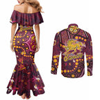 Brisbane Broncos Couples Matching Mermaid Dress and Long Sleeve Button Shirt Aboriginal Pattern with Graffiti Style Design