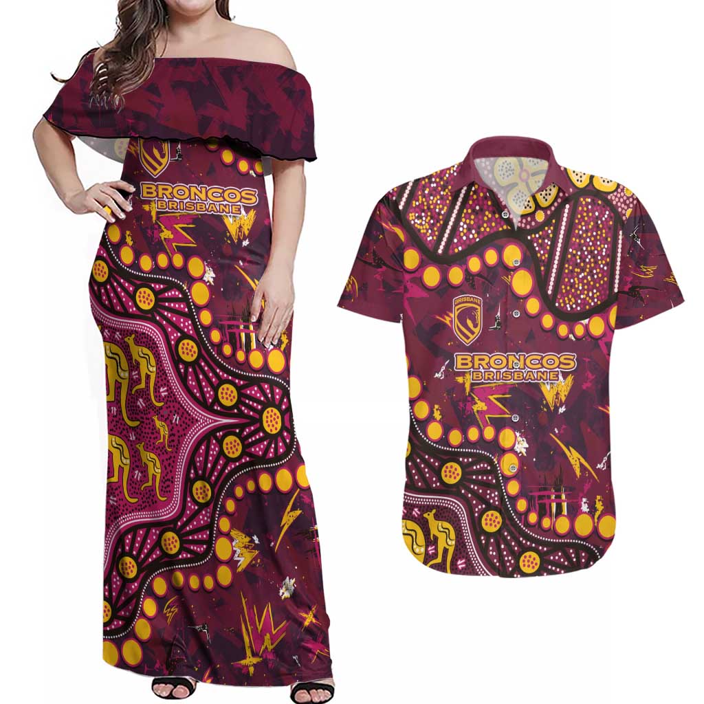 Brisbane Broncos Couples Matching Off Shoulder Maxi Dress and Hawaiian Shirt Aboriginal Pattern with Graffiti Style Design