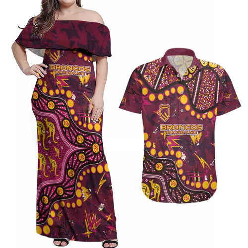 Brisbane Broncos Couples Matching Off Shoulder Maxi Dress and Hawaiian Shirt Aboriginal Pattern with Graffiti Style Design