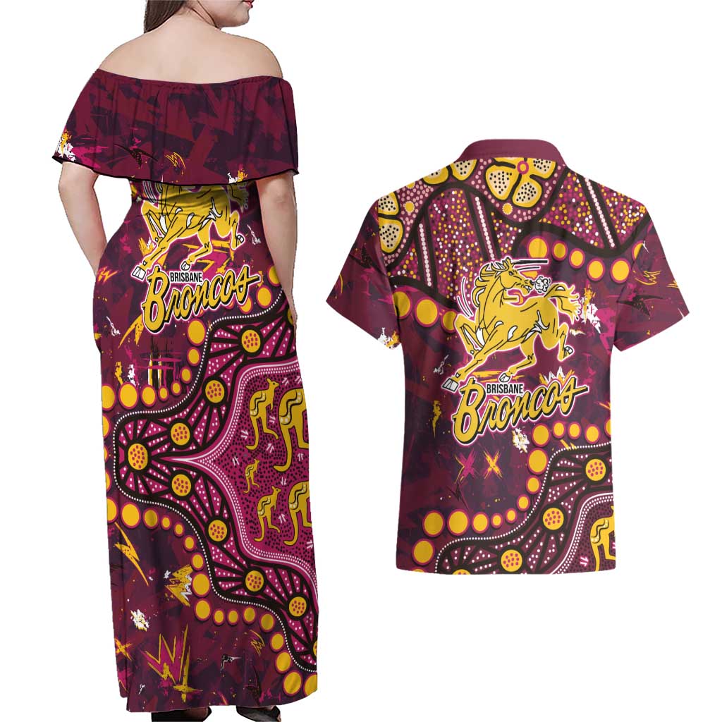 Brisbane Broncos Couples Matching Off Shoulder Maxi Dress and Hawaiian Shirt Aboriginal Pattern with Graffiti Style Design