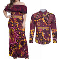 Brisbane Broncos Couples Matching Off Shoulder Maxi Dress and Long Sleeve Button Shirt Aboriginal Pattern with Graffiti Style Design