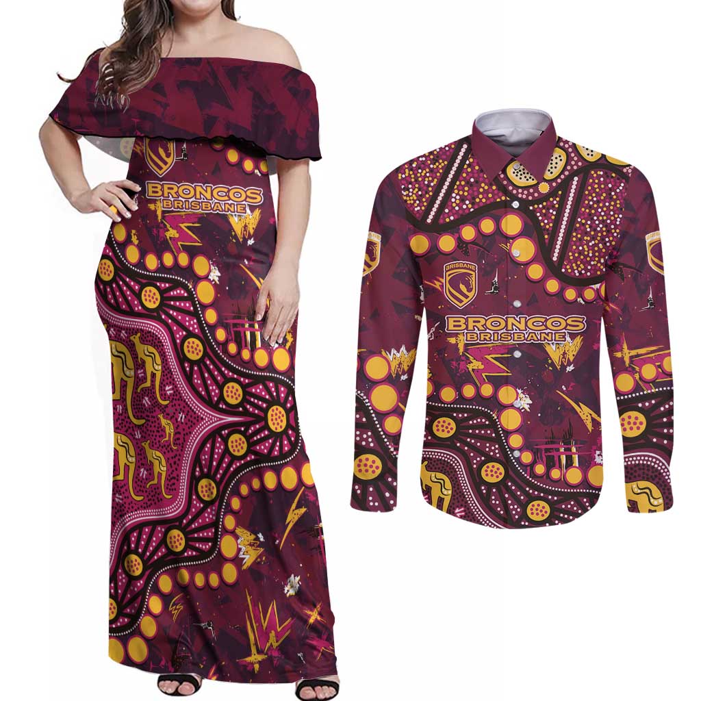 Brisbane Broncos Couples Matching Off Shoulder Maxi Dress and Long Sleeve Button Shirt Aboriginal Pattern with Graffiti Style Design