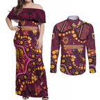 Brisbane Broncos Couples Matching Off Shoulder Maxi Dress and Long Sleeve Button Shirt Aboriginal Pattern with Graffiti Style Design