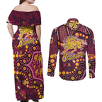 Brisbane Broncos Couples Matching Off Shoulder Maxi Dress and Long Sleeve Button Shirt Aboriginal Pattern with Graffiti Style Design