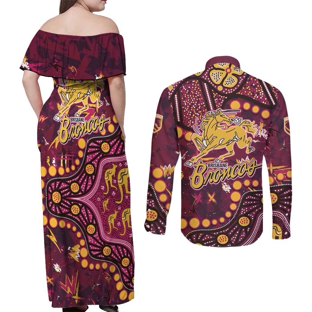 Brisbane Broncos Couples Matching Off Shoulder Maxi Dress and Long Sleeve Button Shirt Aboriginal Pattern with Graffiti Style Design