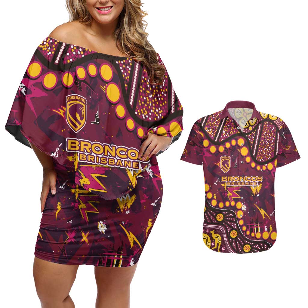 Brisbane Broncos Couples Matching Off Shoulder Short Dress and Hawaiian Shirt Aboriginal Pattern with Graffiti Style Design