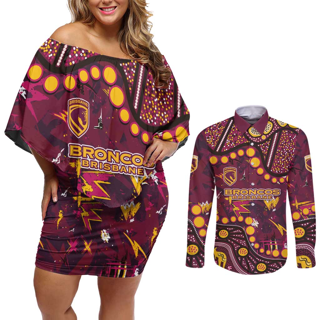 Brisbane Broncos Couples Matching Off Shoulder Short Dress and Long Sleeve Button Shirt Aboriginal Pattern with Graffiti Style Design