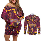 Brisbane Broncos Couples Matching Off Shoulder Short Dress and Long Sleeve Button Shirt Aboriginal Pattern with Graffiti Style Design