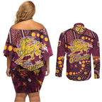 Brisbane Broncos Couples Matching Off Shoulder Short Dress and Long Sleeve Button Shirt Aboriginal Pattern with Graffiti Style Design