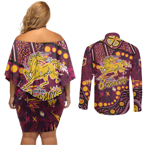 Brisbane Broncos Couples Matching Off Shoulder Short Dress and Long Sleeve Button Shirt Aboriginal Pattern with Graffiti Style Design