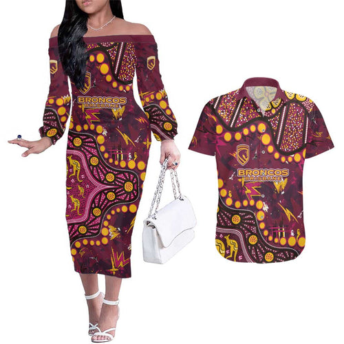 Brisbane Broncos Couples Matching Off The Shoulder Long Sleeve Dress and Hawaiian Shirt Aboriginal Pattern with Graffiti Style Design